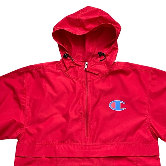 Champion Logo Quarter Zip Packable Hooded Windbreaker Jacket Men’s Size S Red - Picture 2 of 10